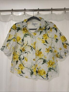 Chico's Cotton Eyelet Button-Down with Yellow & Green Floral Print